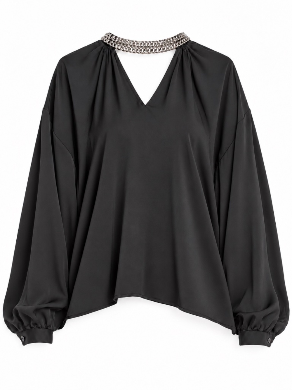 Ramy Brook Black Silver Chain Choker V Neck Long Sleeve Blouse M